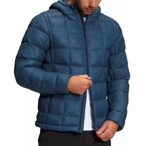 Men Down Jackets Slim Fit Dark Blue Stand Collar With Hood Two Way Zipper Wholesale Winter