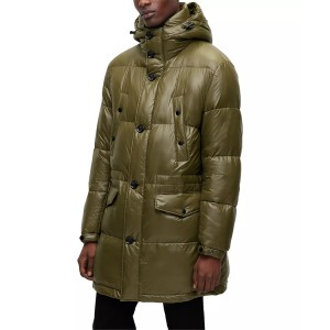 Men Down Jackets Green Long Stand Collar With Adjustable Button Hood Flip Pockets In Bulk