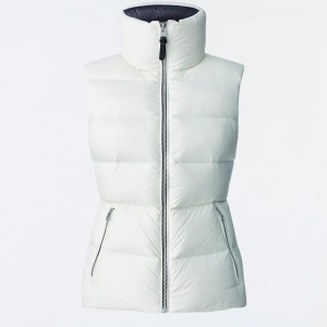 Lightweight Women Down Vest In Off-White Narrow Stand-Up Collar Two-Way Front Zipper Loose Fit Winter Wholesale
