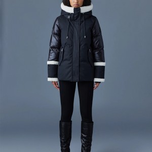 Women Black Down Jacket With White Shearling Tr...
