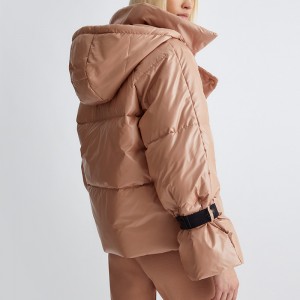 Black Women Puffer Jackets Satin Faux Leather Sherpa Neckline Adjustable Exterior Hem Drawcords Manufacturer Low MOQ