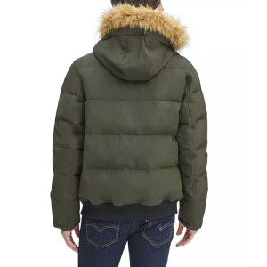 Green Short Coat for Men with Removable Faux-fur Trim Zipper Pockets and Button for Wholesale