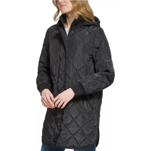 Women’s Hooded Diamond Quilted Black Coat Side Zipper Removable Hood Hot Selling In Winter