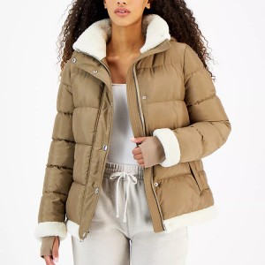Women’s Hooded Faux-Fur-Trim Puffer Coat Stand Collar Front Zipper For Wholesale Winter