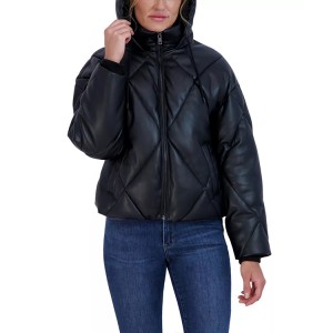 Women’s Faux Leather Puffer Coat Stand Collar With Adjustable Hood New Fashion Tops