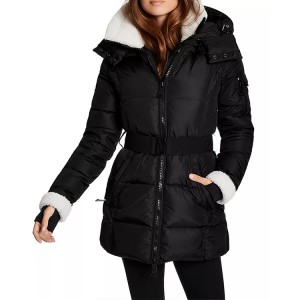 Shearling Trim Puffer Black Women Coat with Detachable Zip-off Hooded and Belt Wholesale Winter