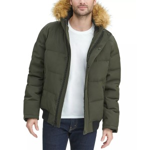 Green Short Coat for Men with Removable Faux-fur Trim Zipper Pockets and Button for Wholesale