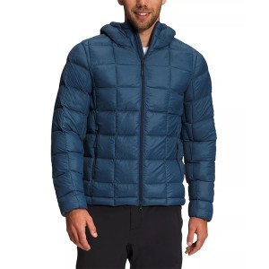 Men Down Jackets Slim Fit Dark Blue Stand Collar With Hood Two Way Zipper Wholesale Winter