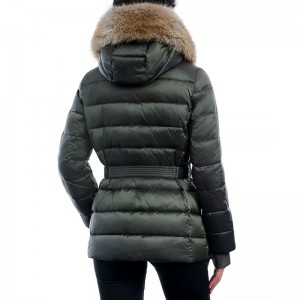 Women’s Green Removable Belted Puffer Coat Faux-Fur-Trim Hooded Long Sleeve Zip Pockets Hot Sale