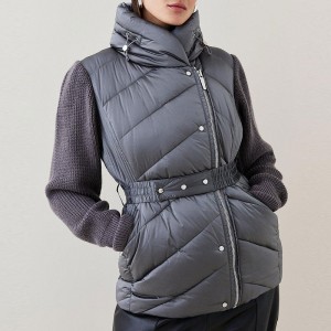 Women Puffer Belted Jacket Wool Blend Knit Sleeve 100% Polyamide Woven High Collar Zip Fastening Drawstring Pulls Wholesale Winter