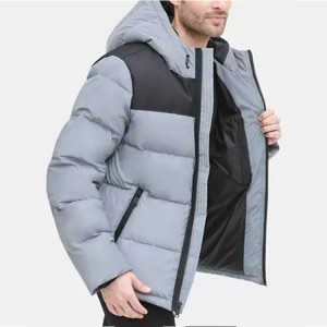 Men’s contrast color Puffer Coat with adjustable drawstring hood for wholesale