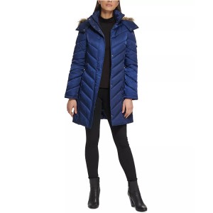 Women’s Faux-Fur-Trim Hooded Puffer Coat Long Blue Custom Own Logo For China Manufacturer