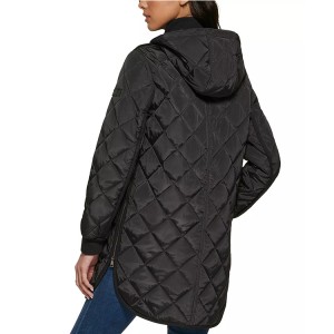 Women’s Hooded Diamond Quilted Black Coat Side Zipper Removable Hood Hot Selling In Winter