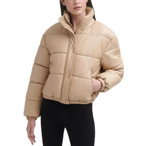 Women’s Short Puffer Coat Faux-Leather Stand Collar With Front Zipper New Fashion Tops