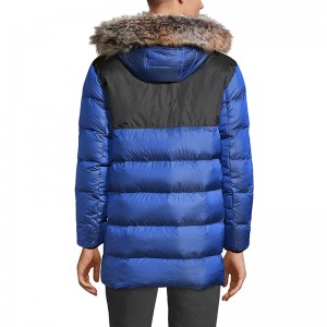 Quilted Four Pocket Men Down Jackets Faux Fox Fur Trim Removeable Hood Mid-Length Rib Cuff 100% Polyester