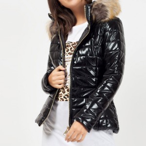 Custom Womens Shiny Down Jacket With Fur Hood Factory Whoelsale