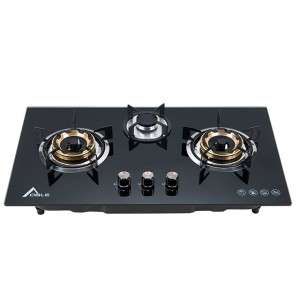 Home Appliance Tempered Glass 3 Burner big power with brass burner caps Built In Gas Hob