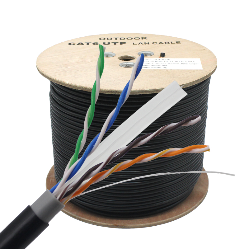 Cable Lan de red al por mayor resistente a los rayos UV 1000 pies Utp al aire libre Cat6 negro impermeable