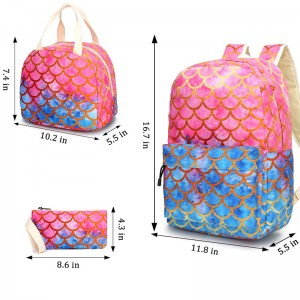 Mermaid School Bag With Lunch Tote Bag and Pencil Case 3pcs