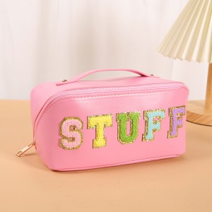 Chenille Letter Open Flat PU Bag Makeup Bag  Large Capacity Travel Cosmetic Bag
