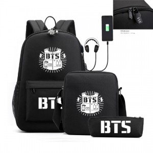 BTS Backpack USB Charging Student School Bag Shoulder Bag Pencil Bag Three-piece Set ZSL191