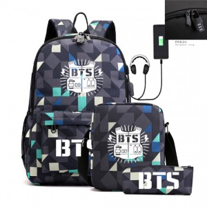 BTS Backpack USB Charging Student School Bag Shoulder Bag Pencil Bag Three-piece Set ZSL191
