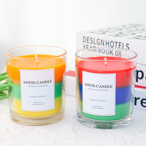 Candele in barattolo di vetro a 3 colori con fragranza personalizzata per candele profumate in vetro di cera di soia decorativa