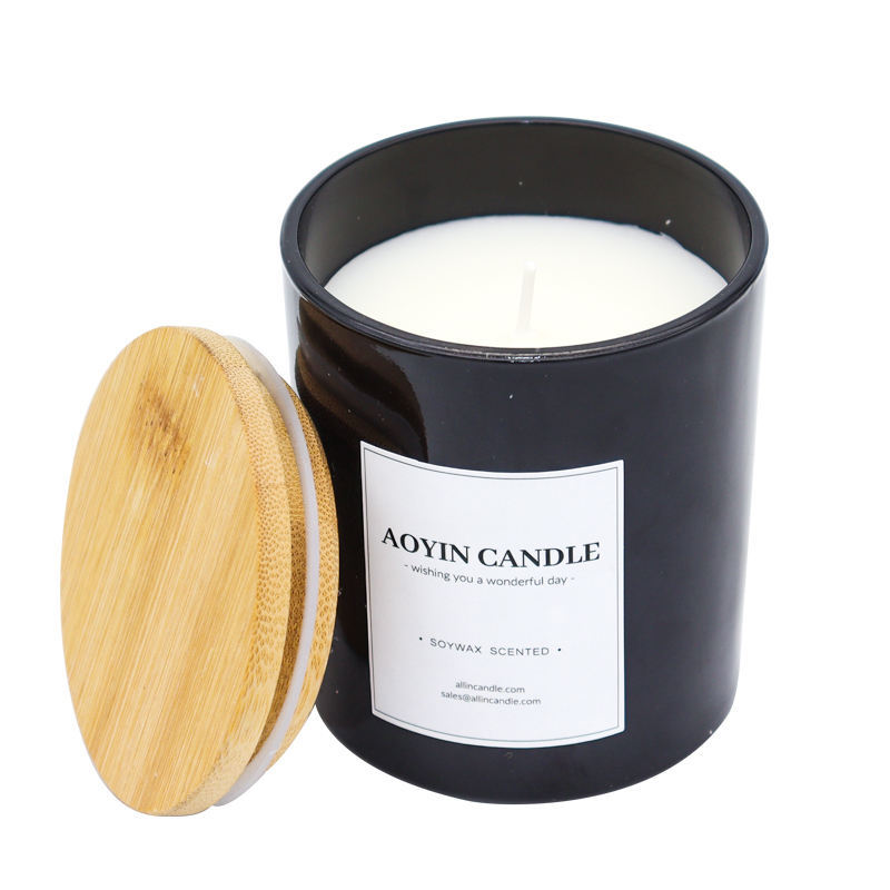 Scented White Amber Black Glass Candles Frosted Glass Jar Soy Candles With Wood Lid
