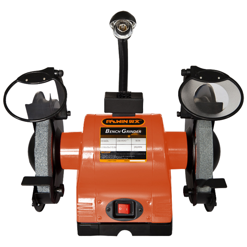 CE Approved 200mm bench grinder with flexible working light, wheel dressing tool and coolant tray
