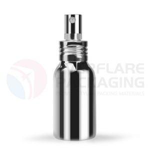 OEM High Quality Airless Bottle With Plated Aluminium Cap Manufacturers –  50ml vacuum metalization Aluminium Spray Bottle with shiny silver pump sprayer – EVERFLARE PACKAGING