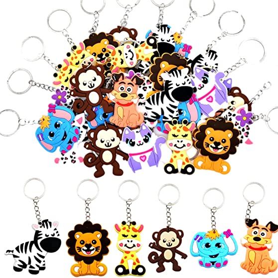 Animal Party Favor with Lion, Monkey, Giraffe, Zebra, Brown Bear and Tiger Keychains,  for Jungle Safari Wild Woodland Baby Shower, Birthday, School Rewards