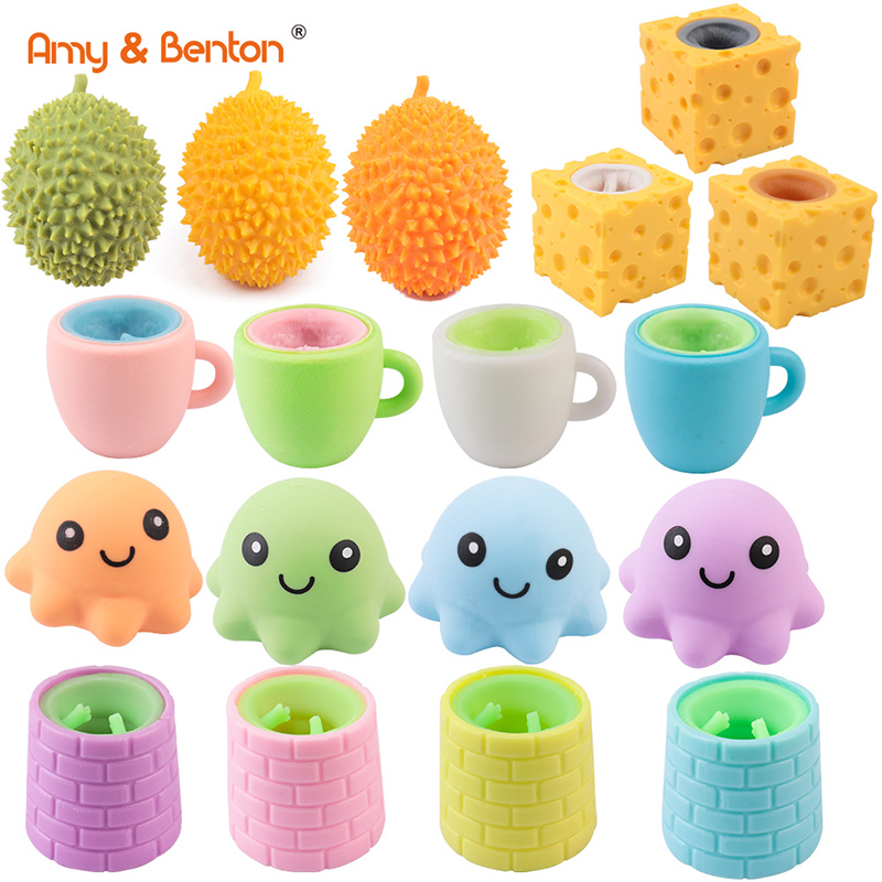 Squeeze Toys Amy & Benton 5 Styles Funny Squeeze Toys, Frog in the well,Simulation Durian,Octopus,Squirrel Teacup and Cheese Mouse ,Cute Decompression Toys for Kids and Adults,Release Stress P...