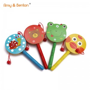 Wooden rattle drum toys cartoon animal baby rattle musical toys for preschool kids