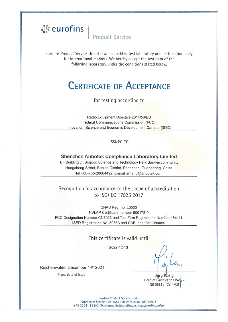 Certificate of Acceptance Anbotek