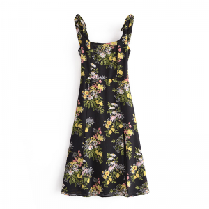 Wholesale China Womens Rain Trench Coat Quotes Pricelist - Women High Slit Tie Shoulder Flower Print Dress  – Annecy Studio
