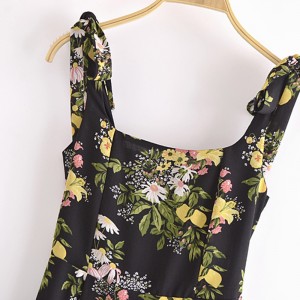 Women High Slit Tie Shoulder Flower Print Dress