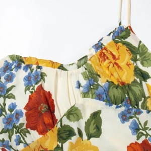 Women Tie Shoulder Floral Print Ruched Bust Dress