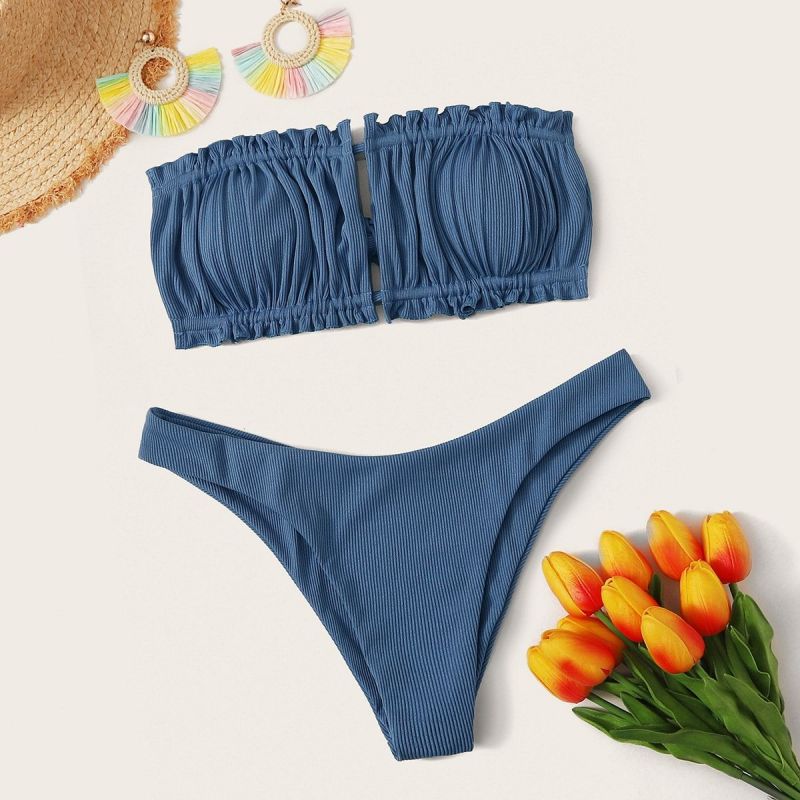 Wholesale China Winter Raincoat Womens Factories Pricelist - Ruffle Solid Color Low Waisted High Cut Bandeau Bikini Swimsuit  – Annecy Studio