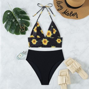 Fashion Sexy Mid waisted Swimwear Sunflower Print Bikini Set