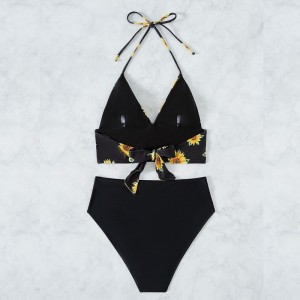 Fashion Sexy Mid waisted Swimwear Sunflower Print Bikini Set