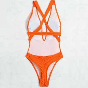 Solid Backless Lace Up Swimwear High Cut Folds One-piece Swimsuit