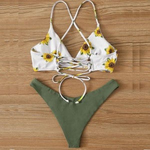 Women’s Crisscross Bikini Set Floral Print Two Pieces Swimsuit Lace Up High Cut Swimwear
