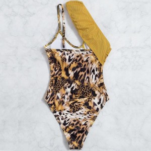 One Shoulder Leopard Swimwear Cutout Textured One-piece Swimsuit