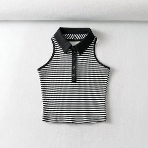 Women Retro Halter Collared Striped Knitted Baby Tank Top