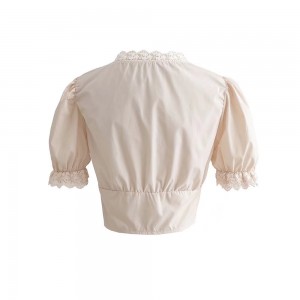 Women Lace Puff Sleeve Solid Cropped Blouse