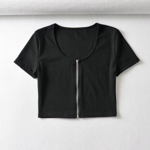 Women Cropped Ribbed Zip Front Short Sleeve Top T-shirt