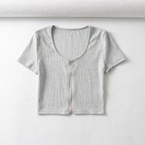 Women Cropped Ribbed Zip Front Short Sleeve Top T-shirt