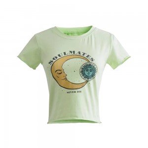 Women Round Neck Sun Star And Moon Cropped Tee 