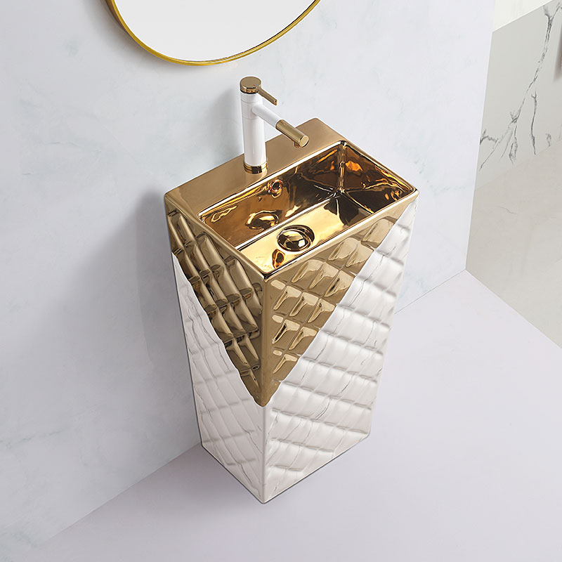 Fashion popular Design alone Ceramic gold plated Pedestal Basin Freestanding Sink Bathroom Hand Washing Basin