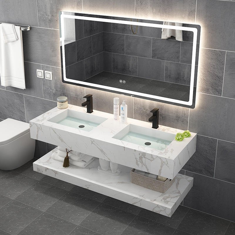 Modern Double Layers Rock Slate Wall Mount  Bathroom Vanity Cabinet